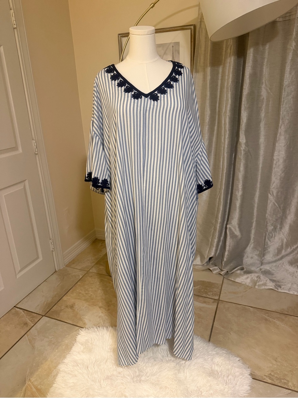 Tuckernuck Blue-and-White Striped V-Neck Maxi with Navy Floral Trim